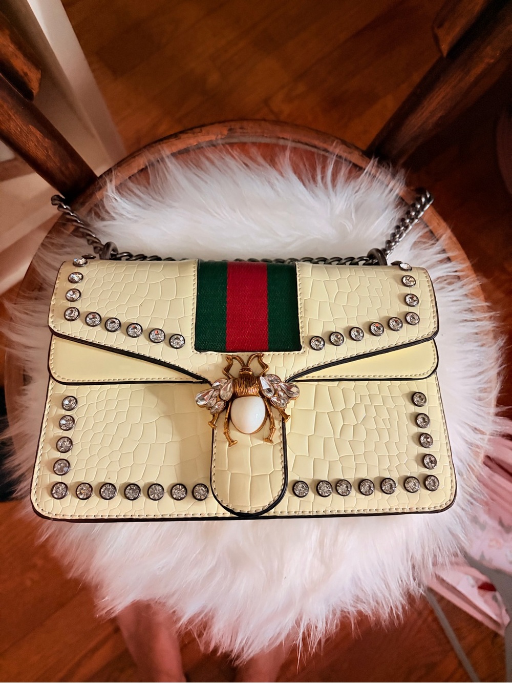 Cream Faux Croc Bee Crossbody Bag